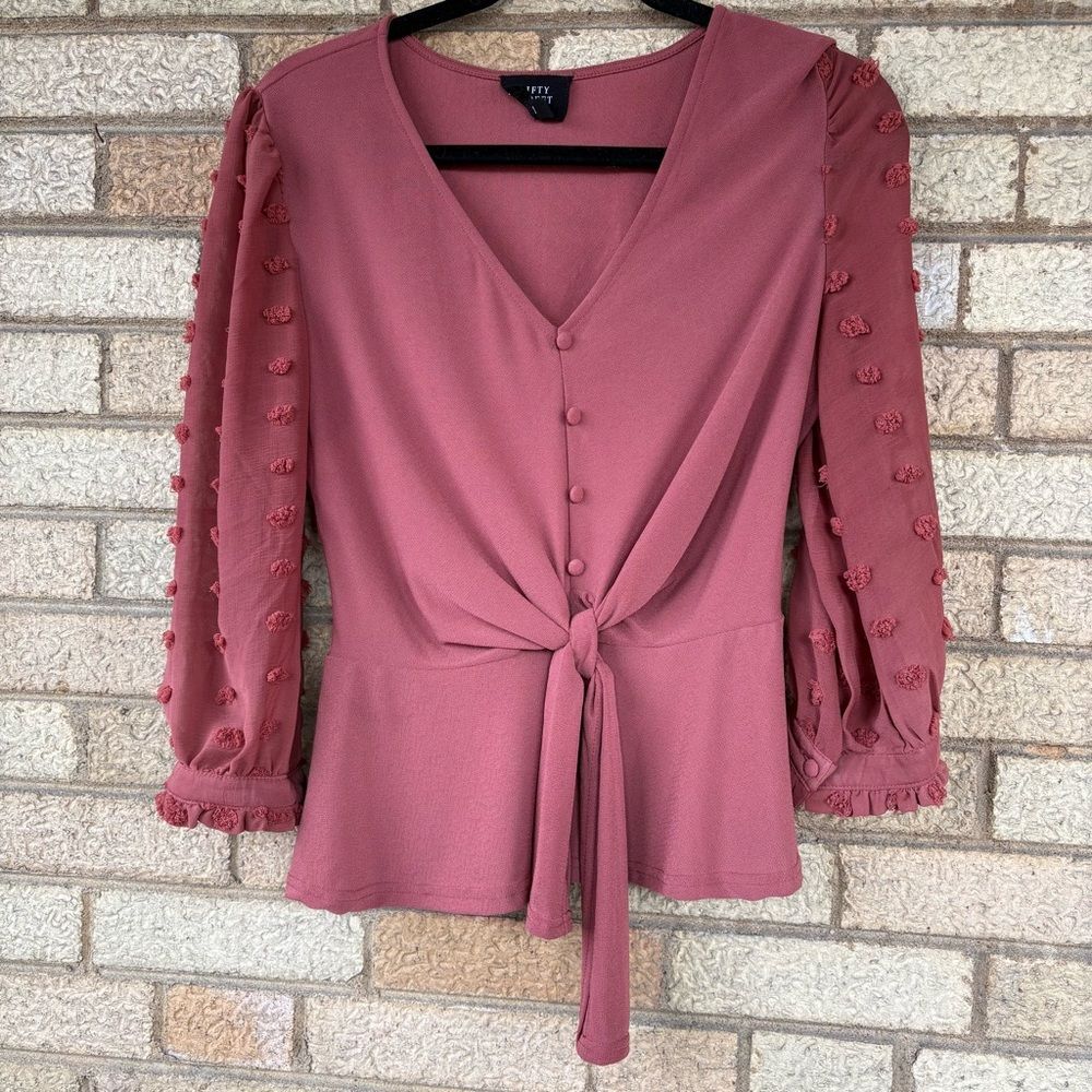 Fifty Street Blouse Mauve Tie-Front with Pom-Textured Sleeves